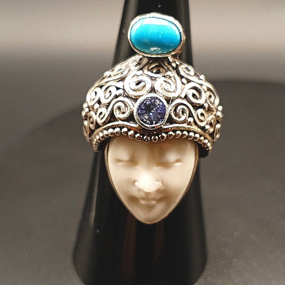 Sterling Silver Carved Bone Sleeping Beauty Turquoise & Tanzanite 1.00 ctw